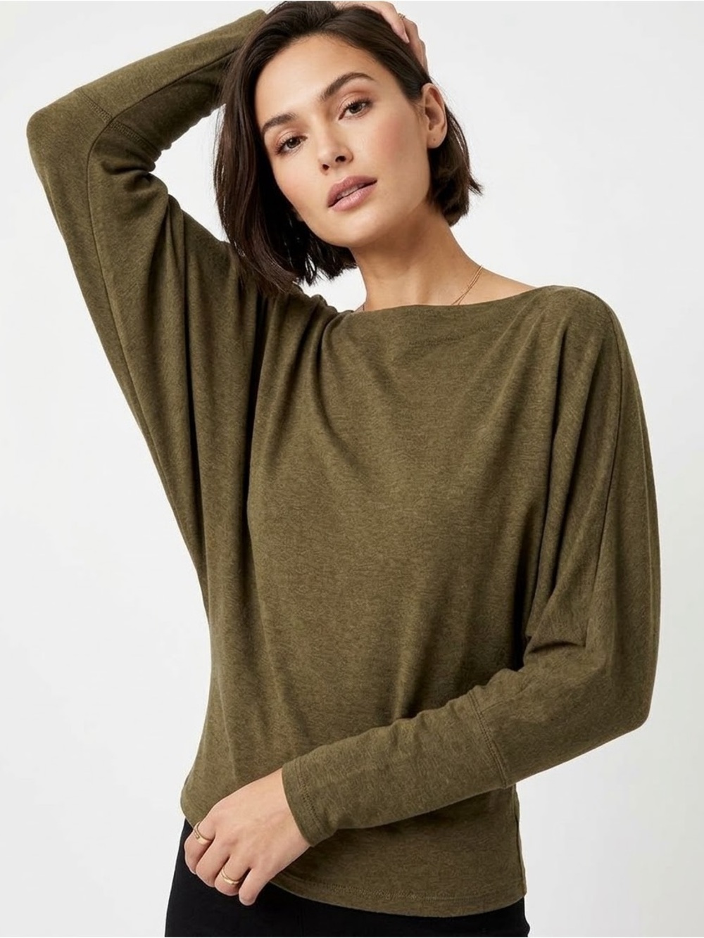 We the Free Army Green Boat Neck Knit Top Dolman Sleeve Boho Minimalist Earthy